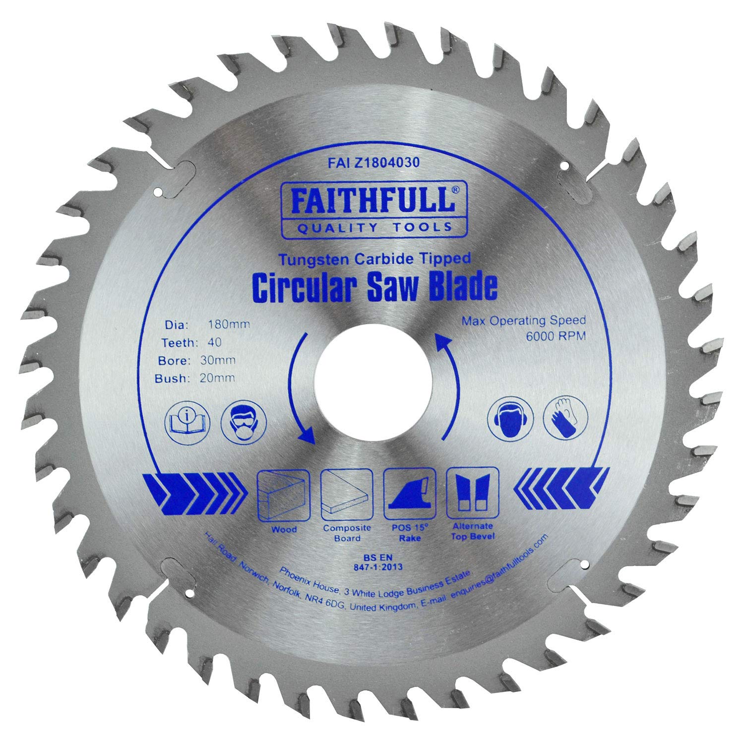 Faithfull FAIZ1804030 TCT Circular Saw Blade 180 mm x 30 mm Core x 40 Teeth