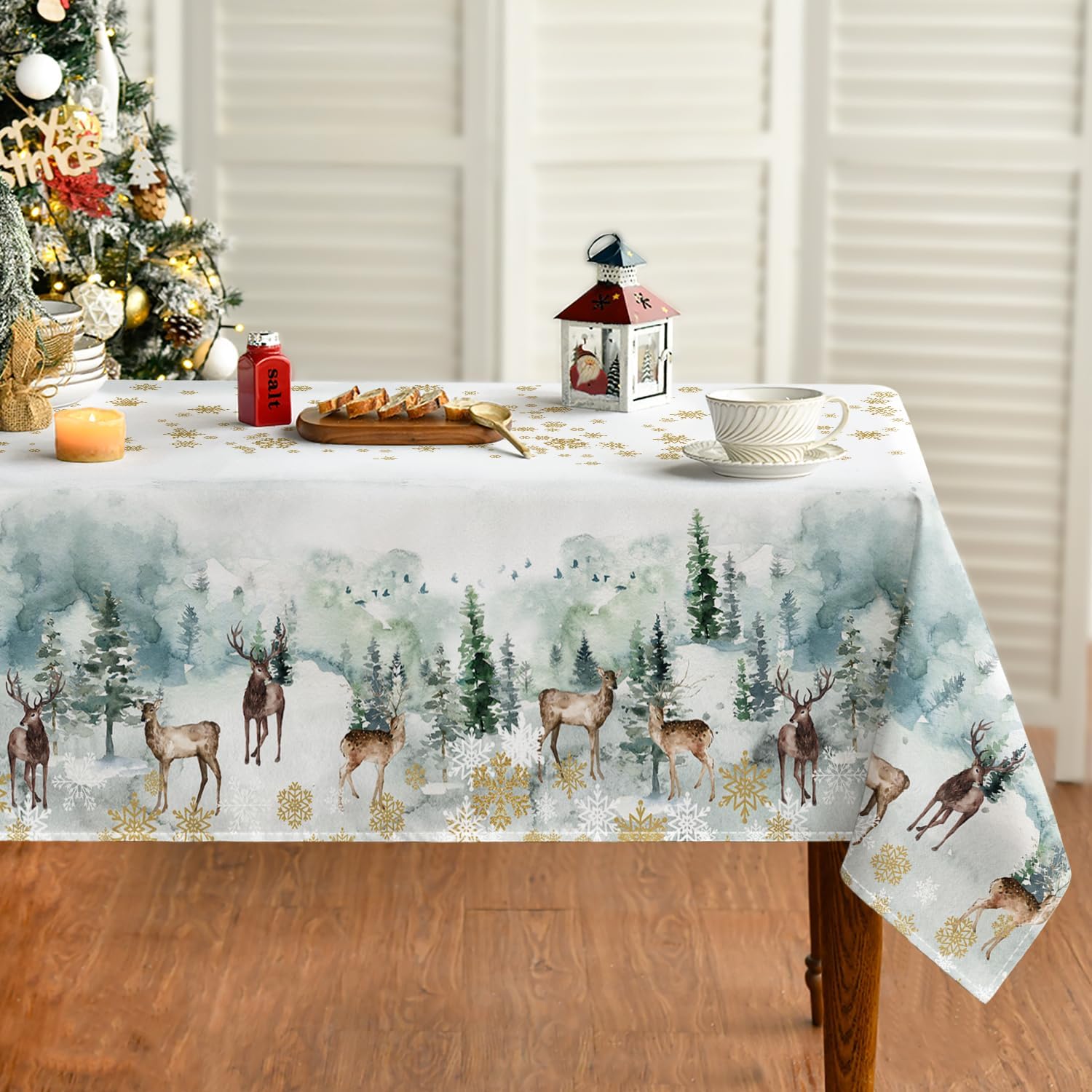 Artoid Mode Gold Snowflakes Trees Deer Christmas Table Cloth, Rectangular 140x180 cm Xmas Table Cover Protector For Party Home Table Decorations