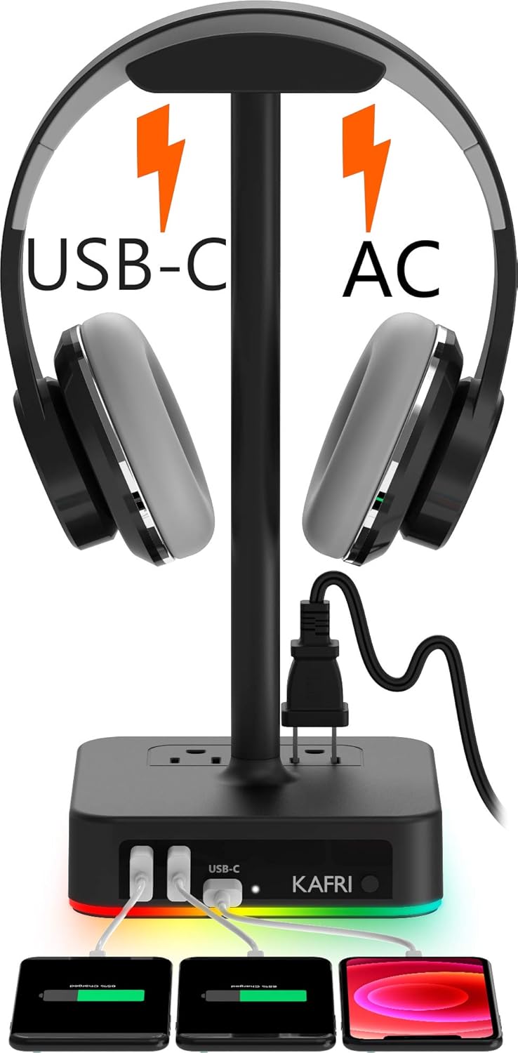 KAFRI RGB Headphone Stand with USB Charger Desk Gaming Headset Holder Hanger Rack with 3 USB Charging Port and 2 Outlet - Suitable for Gamer Desktop Table Game Earphone Accessories Boyfriend Gift: Electronics