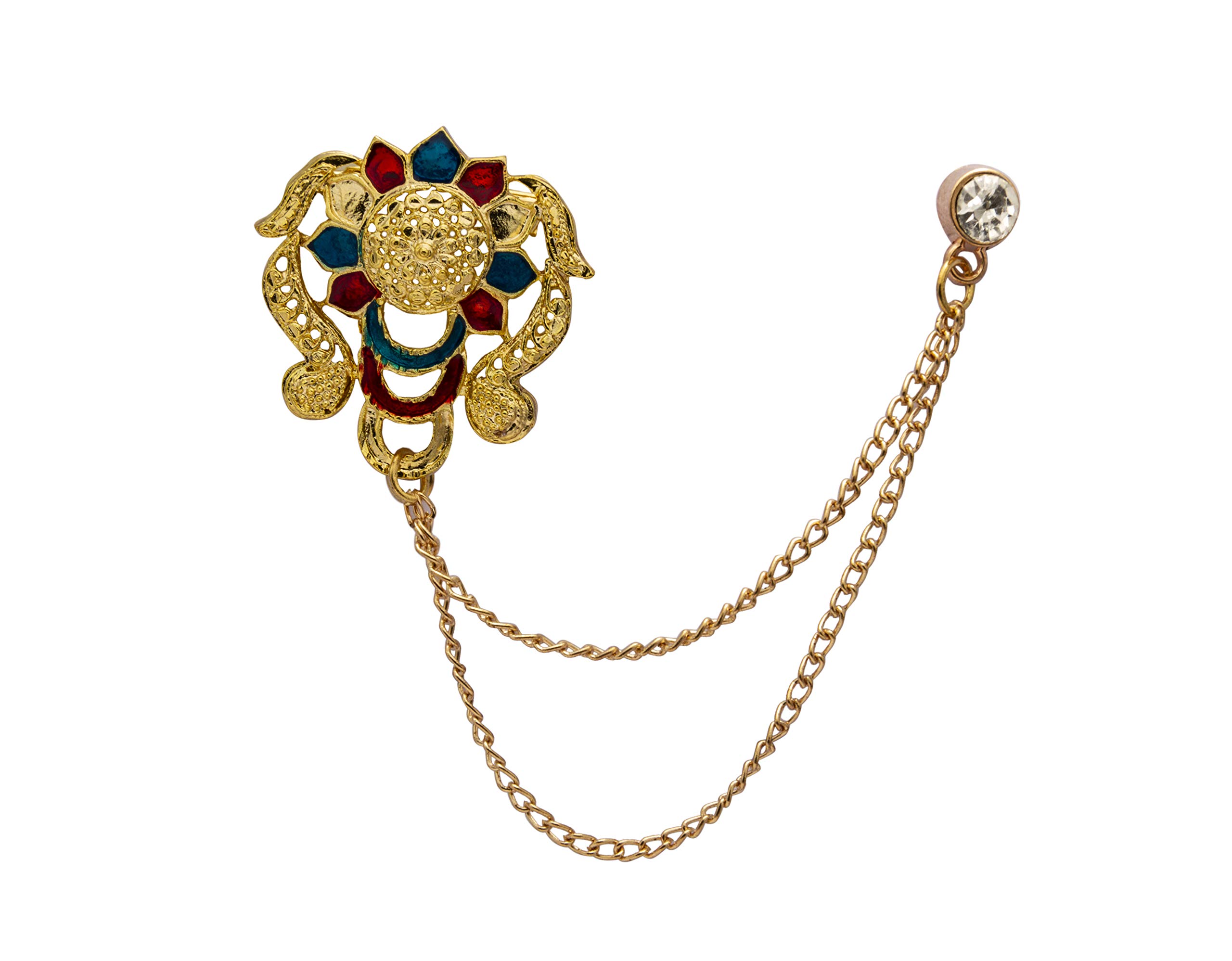 Brooch Lapel Pin for Men Gold Lotus Flower with Abstract Engraving Hanging Chain and Stone Detailing Lapel Pin Badge Coat Suit Wedding Gift Party Shirt Collar Accessories