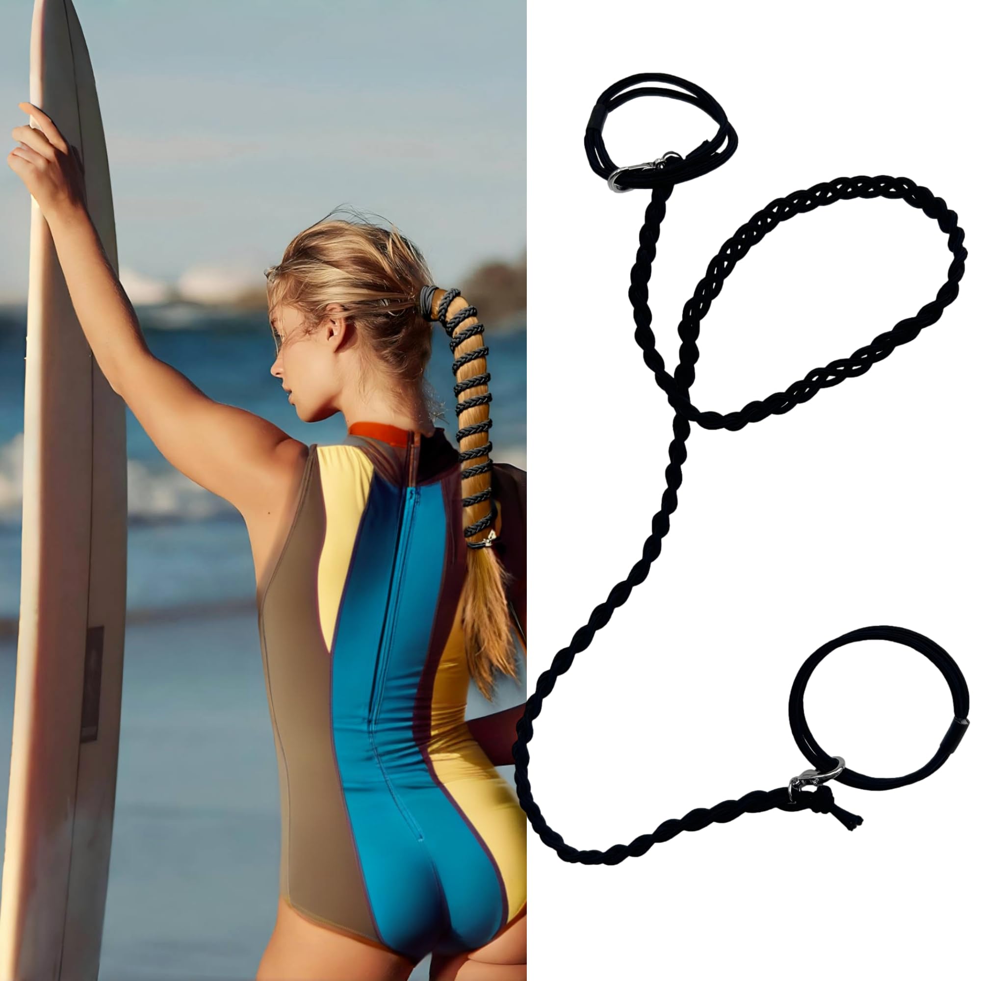 35"/89cm Long Rip Tie Hair Ties Ponytail Holders for Water Sports, Hair Bobbles for Thick Scrunchies No Damage Strong Braided Long Curly Pony Tails Ties Pro Surfing Swimming (Black)