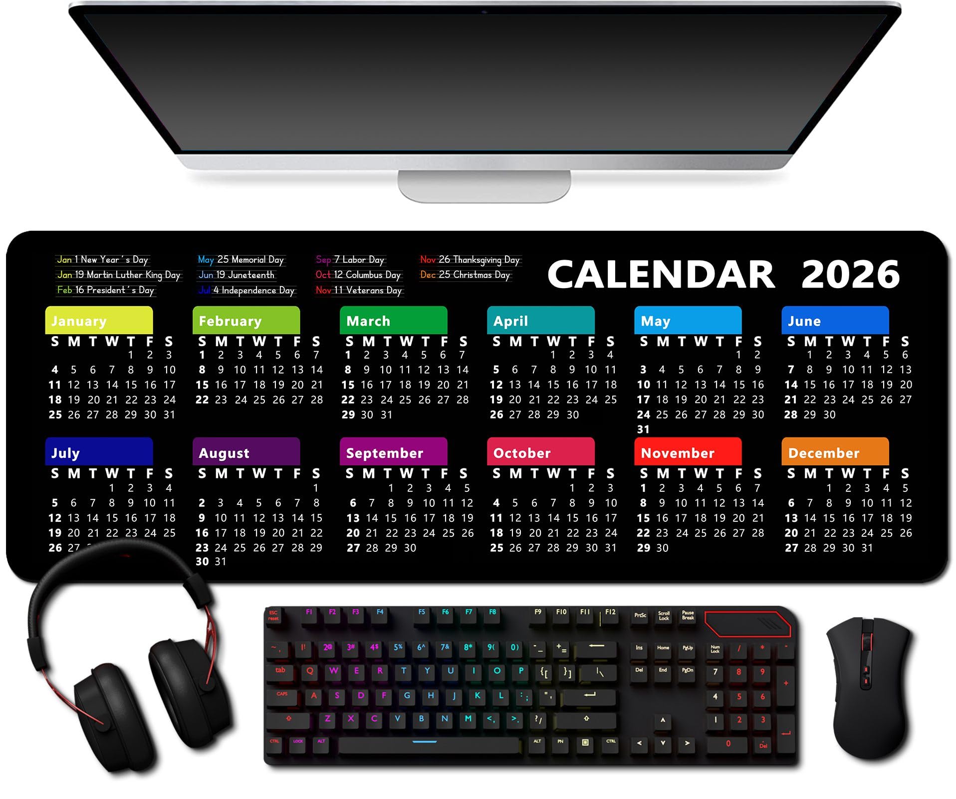 Photo 1 of 2026 Calendar with Holiday Mouse Pad, Large Gaming Mousepad for Computer Laptop Non-Slip Rubber Desk Mat,for New Year Office (11.8 X 31.5 Inch) - Black