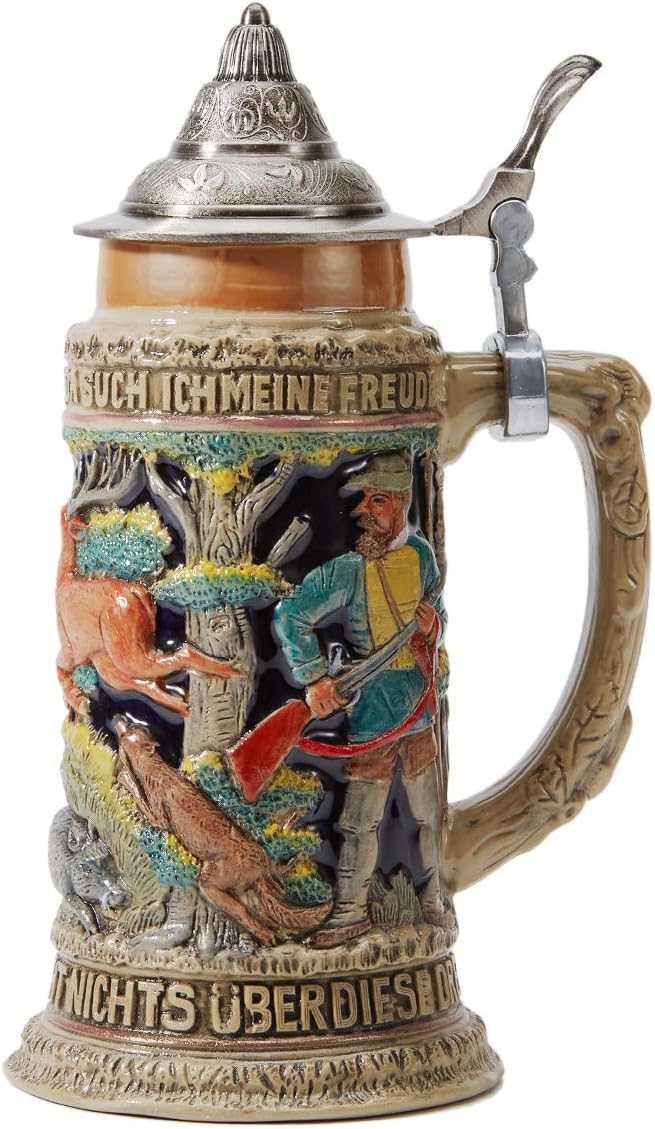 HAUCOZE Beer Stein Mug German Hunting Drinking Viking Tankard with Petwer Lid for Birthday Gifts Men Father Husband 0.6 Liter