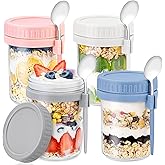 4 Pack Overnight Oats Containers with Lids and Spoons - DRKIO 16 Oz Glass Mason Jars for Overnight Oats Leak Proof Oatmeal Container Great for Cereal Fruit Vegetable Milk Salad Yogurt Meal Prep