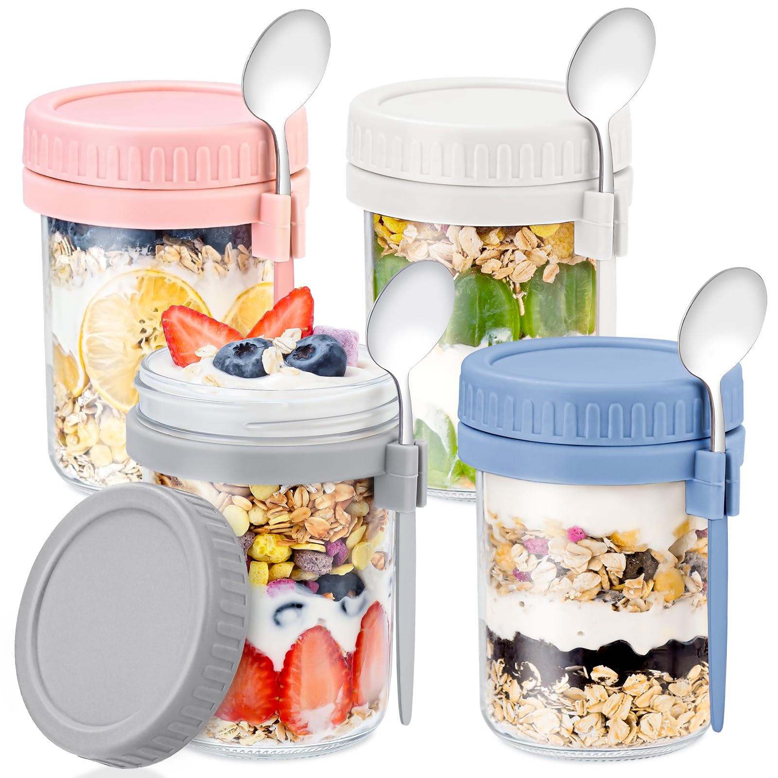 Photo 1 of 4 Pack Overnight Oats Containers with Lids and Spoons - DRKIO 16 Oz Glass Mason Jars for Overnight Oats Leak Proof Oatmeal Container Great for Cereal Fruit Vegetable Milk Salad Yogurt Meal Prep