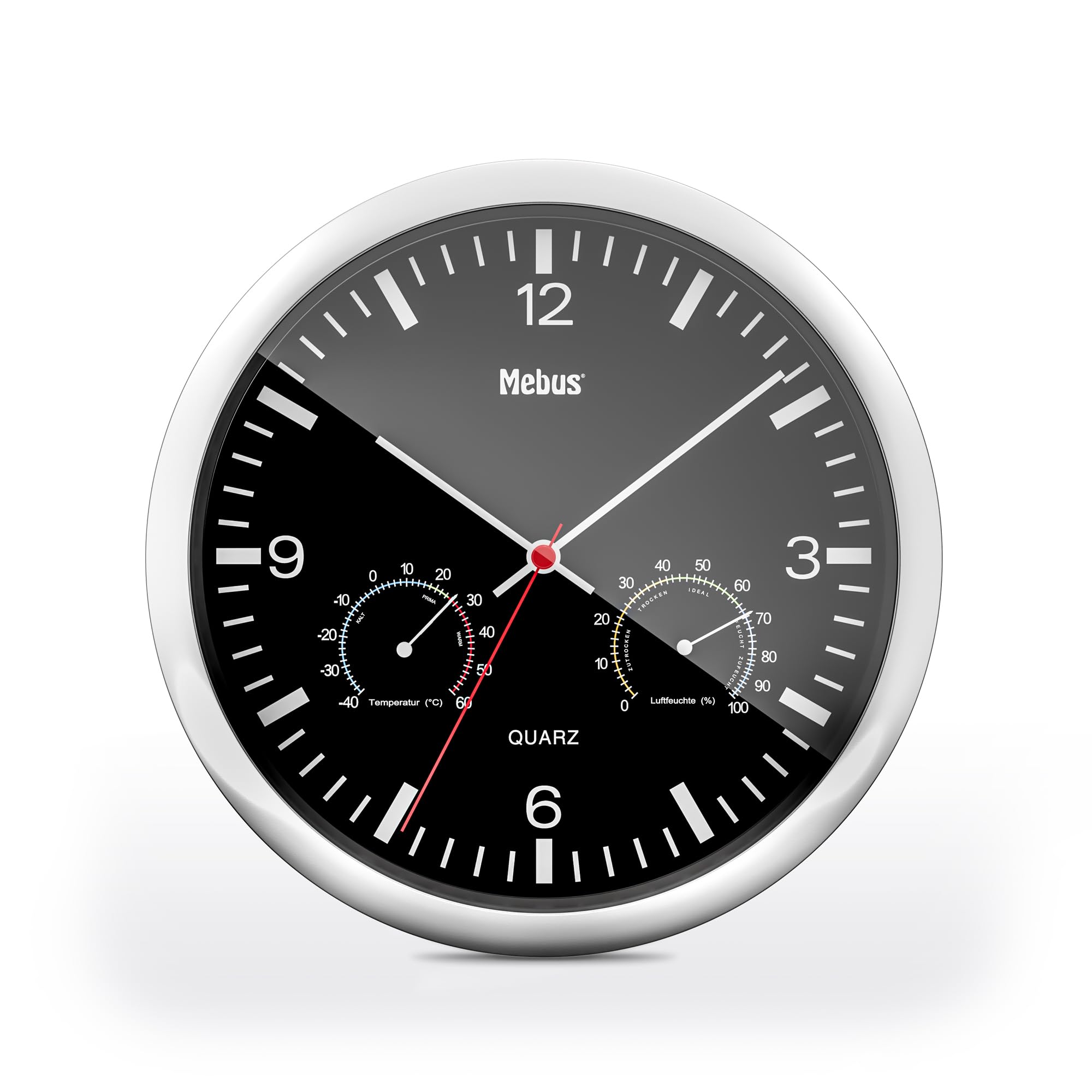 Mebus Quartz Wall Clock with Thermometer and Hygrometer/Silver Frame/Black Dial/25 cm Diameter/Round/Model: 56731/Colour: Silver, Black