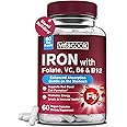 Vitacook Iron Supplement for Women & Men, Iron Bisglycinate with Vitamin C, B6, B12, Folate, Stomach Friendly, Non-Constipating, Blood Health & Energy Boost, 60 Vegan Caps