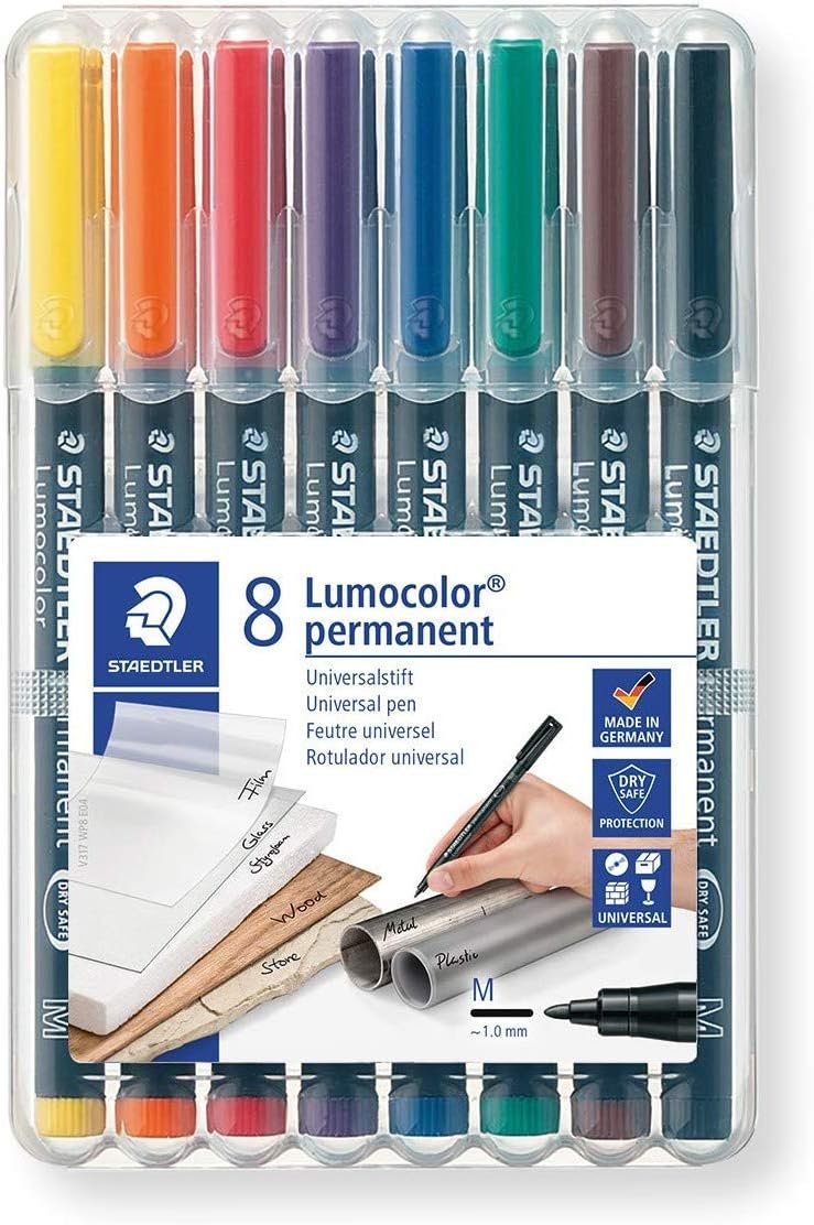 STAEDTLER 317 WP8 Lumocolor Permanent Pen, Medium Line Width, 1.0mm, Assorted Colours (Pack of 8), Rainbow colours