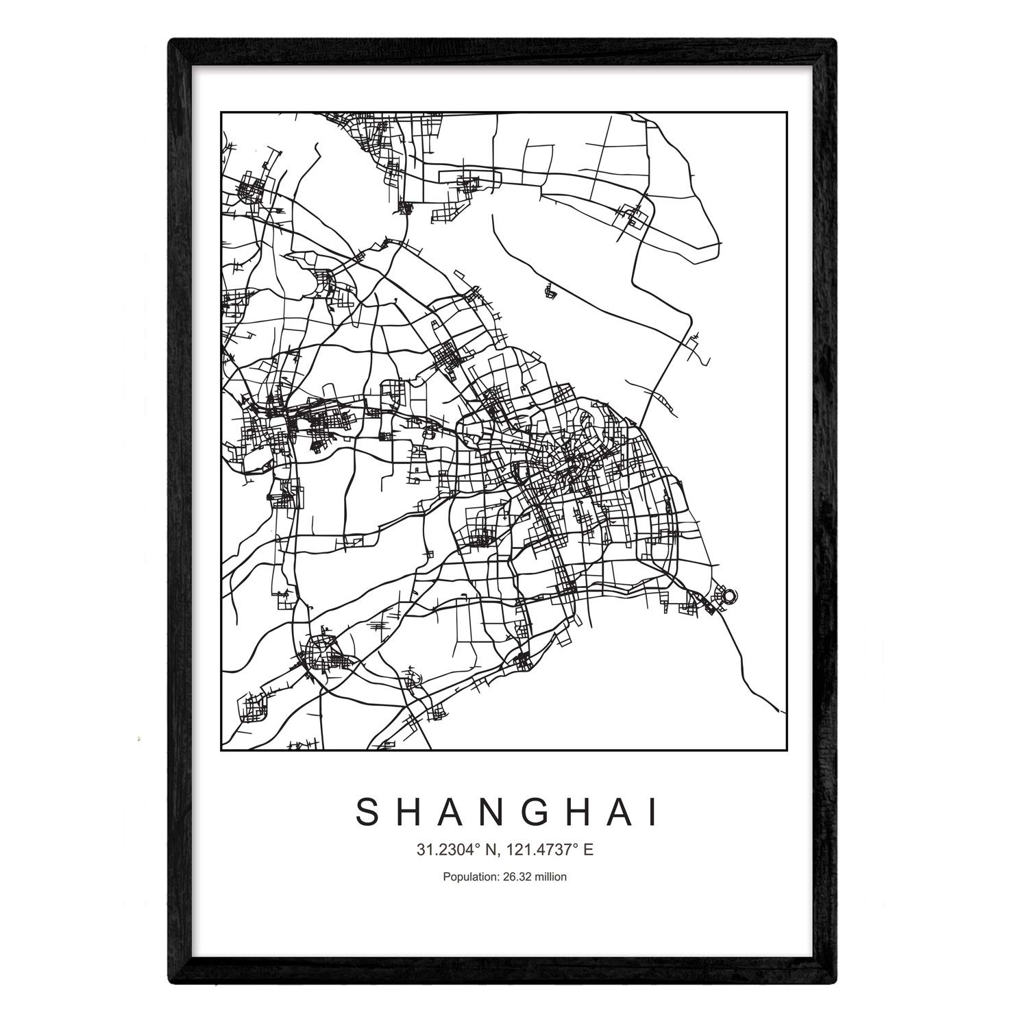 Nacnic City map sheet Shanghai Scandinavian style in black and white. A3 size poster Printed paper No 250 gr. Paintings, prints and posters for living room and bedroom