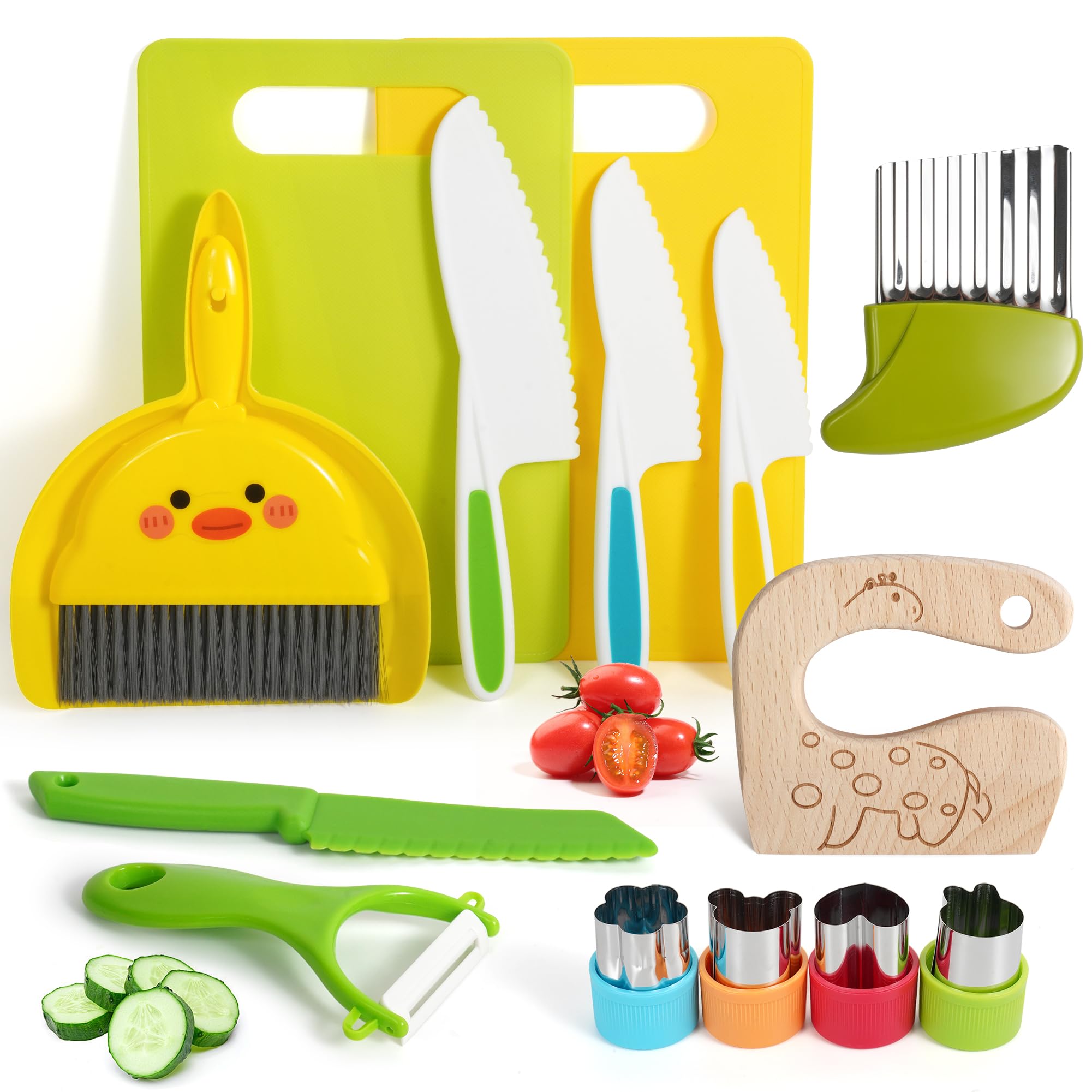 Kids Kitchen Knife Set, 15 Pcs BPA Free Montessori Kitchen Tools for Toddlers' Real Cooking, Include Knives, Crinkle and Sandwich Cutters, Peeler, Cutting Boards, Cleaning Tools for 3+ Birthday Gift