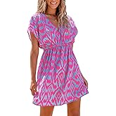 CUPSHE Women's Swimsuit Coverup Casual V Neck Beach Dress Short Sleeve Elastic Waist Swimwear Cover Ups 2026 Beachwear
