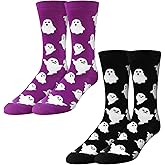 Chicingyou 2 Pairs Halloween Christmas Gifts Ghost Dress Socks for Women Men Novelty Ghost Pattern Crew Socks for Spooky Christmas Costume