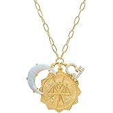 Lanadale Dainty Gold Zodiac Embossed Coin Opal Crescent Moon Charm Necklace for Women Trendy 18K Gold Plated Retro Paperclip Chain 12 Constellation Horoscope Necklaces Astrology Jewelry Gifts
