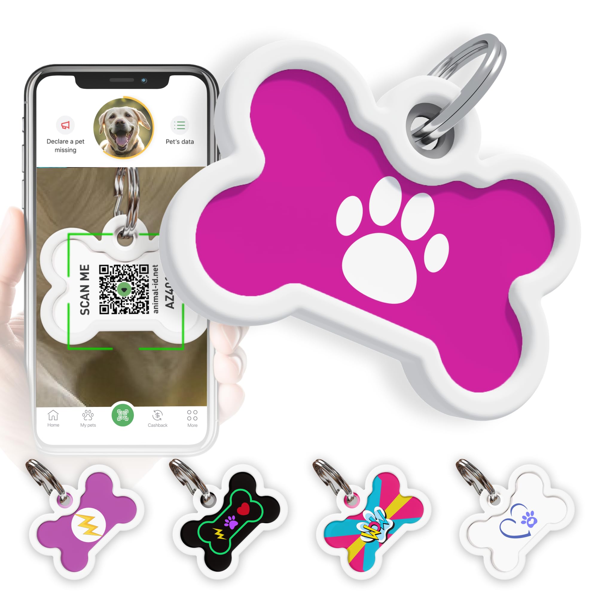 QR Code Dog Tag Silent Id Pet Tags Personalized Name Plate with Online Profile (Pink Paw, Bone)