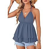 Rooscier Women's Ruffle Sleeveless Halter Deep V Neck Cami Backless Sexy Skater Peplum Top