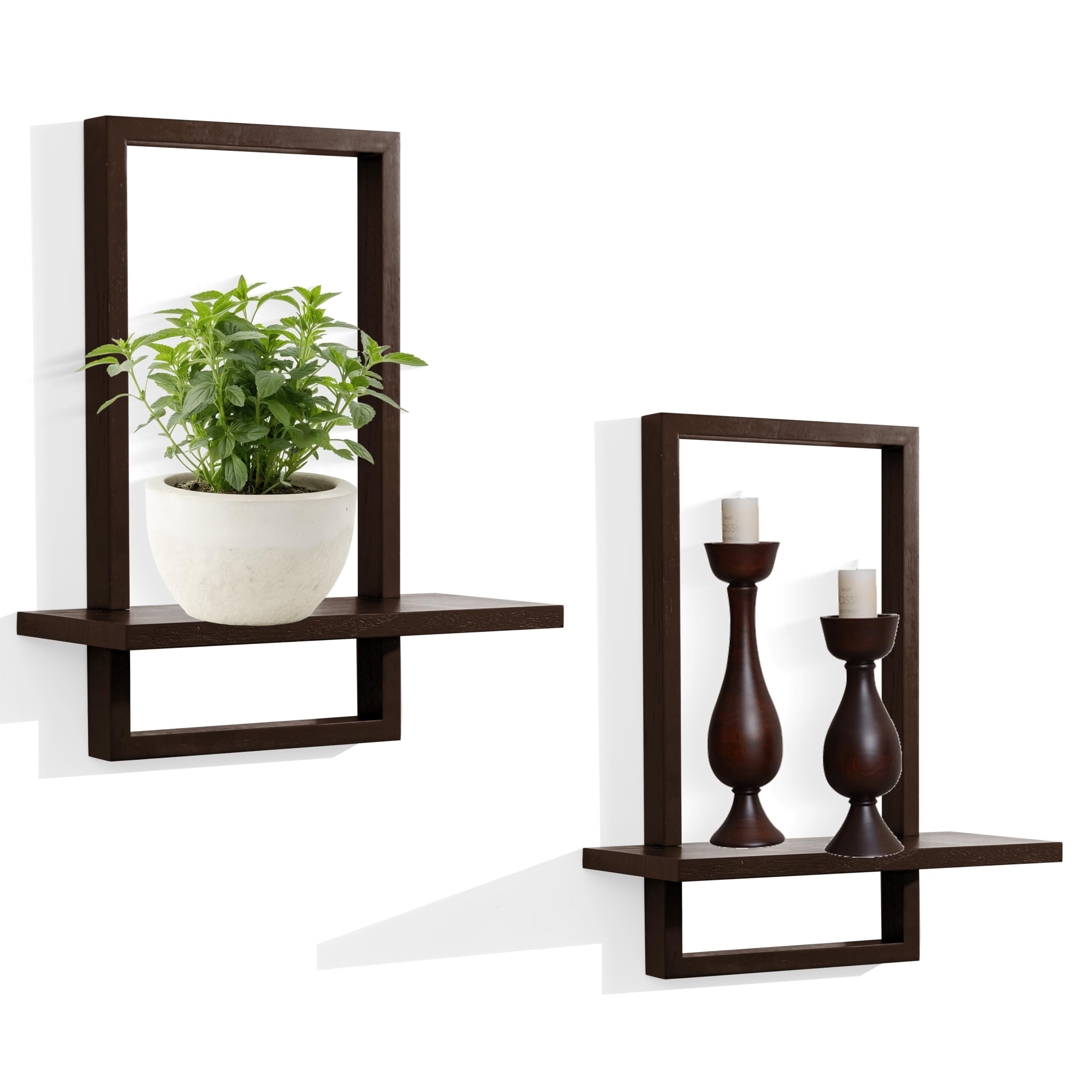 Photo 1 of PHOENANCEE Square Floating Shelves,Wall Plants Holder,Bathroom Wall Decor,Framed Decorative Shelf Black,Modern Chic Set of 2 for Living Room Bedroom Home Office,Soild Wood,L+S(Walnut