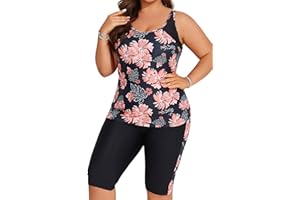 Hanna Nikole Women's Plus Size Tummy Control Tankini Swimsuits Color Block Bathing Suits with Shorts Knee Length