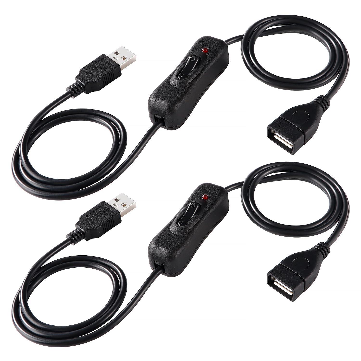 KUOQIY 2 PCS 1m USB Extension Cable with On/Off Switch, USB Switch Cable and Indicator Light, for LED Desk Lamp LED Strip, Black
