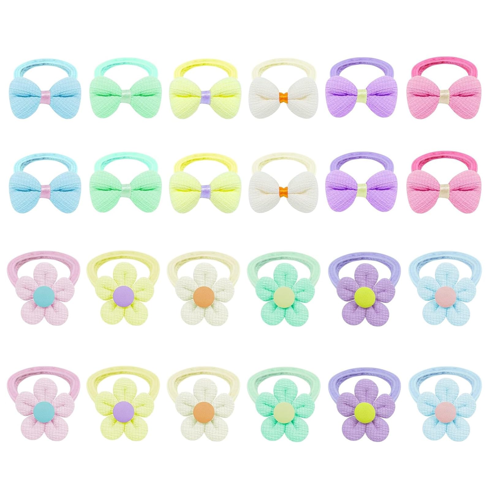 24pcs Colourful Baby Hair Ties for Girls, Soft Seamless Bows and Flowers Toddler Elastic Hair Bands, Baby Hair Ties Ponytail Holder, Colored Soft Bows Hair Ties, for Toddlers, Babies, Girls