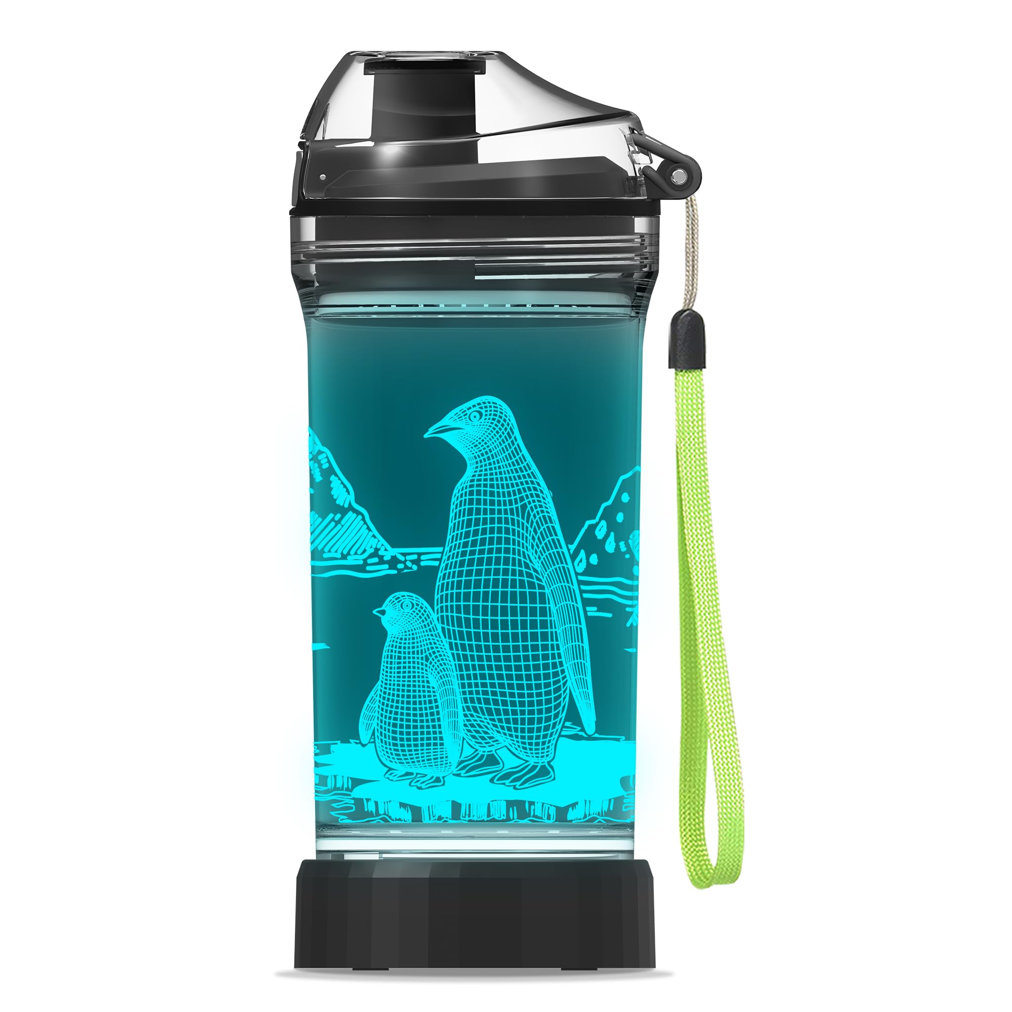 Ammonite Penguin Water Bottle, with 3D Glowing LED Light - 14 OZ Tritan BPA Free - Creative Ideal Travel Cup Gift for School Kid Boy Child Holiday Camping Picnic