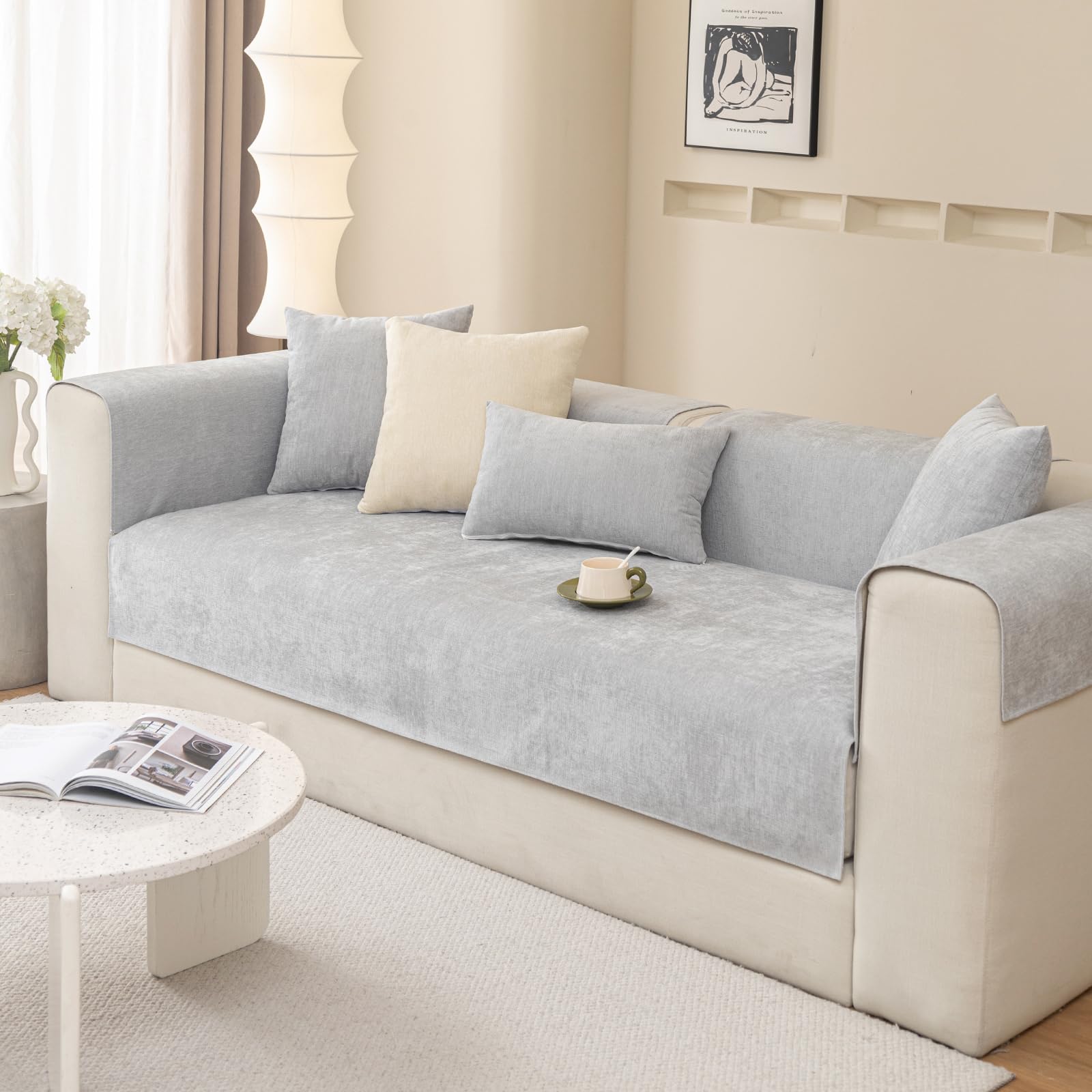 Photo 1 of tianxinbaobei Chenille Couch Cover Waterproof, Dirt Resistant Sofa Covers,Washable and Non Slip Sofa Slipcovers for Living Room, Bedroom?Light Gray/28"x28"/Armrest or Backrest Cover?