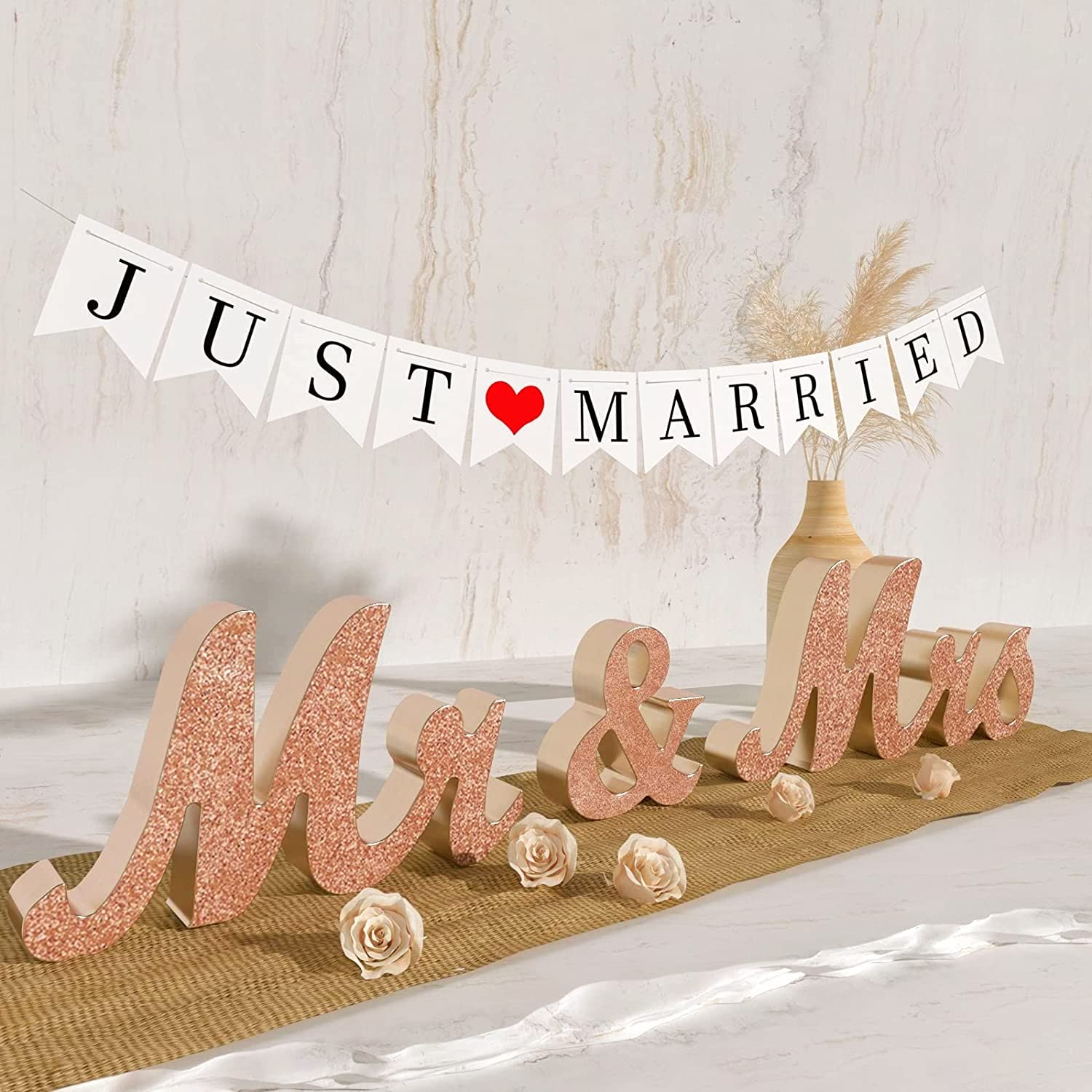Photo 1 of VIOPVERY Mr & Mrs Sign & Just Married Banner, Large Wooden Letters for Sweetheart Table, Photo Props Wedding Decorations for Anniversary, Rose Gold