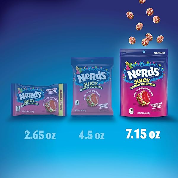NERDS JUICY GUMMY CLUSTERS, STRAWBERRY PUNCH, JUICY AND GUMMY CANDY, 1 STAND UP BAG, FOR SNACKING AND SHARING, 7.15 OZ