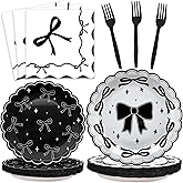 96 Pcs Black Bow Birthday Party Supplies Disposable Tableware Set Serve 24 Guests Include Black Bow Plates and Napkins Forks for Bridal Engagement Bachelorette Birthday Party