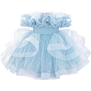Lamgool Baby Girls Pageant Dress Sequin Tulle Toddler Formal Gown Off-the-Shoulder Ruffle Neck Puffy Birthday Princess Dress