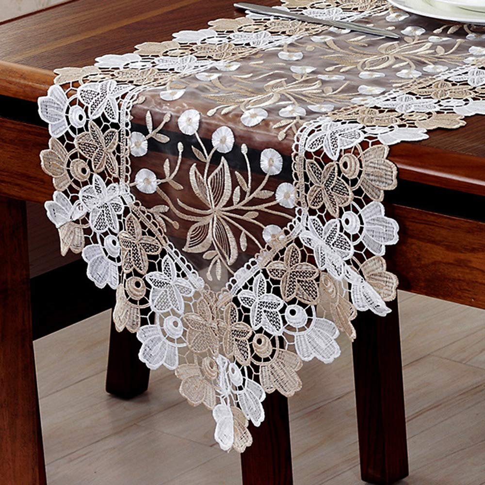 FuHouse 40x150cm White Champagne Lace Floral Embroidered Table Runner Cover Cloth, Suitable for Table Length about 100-120cm for Home Decor/Housewarming Gift/Christmas/Party/Wedding Decor