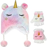 Hifot Unicorn Winter Hats and Gloves for Girls, Cute Fluffy Girls Earflap Beanie with Winter Mitten for Kids