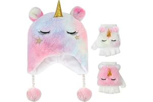 Hifot Unicorn Winter Hats and Gloves for Girls, Cute Fluffy Girls Earflap Beanie with Winter Mitten for Kids