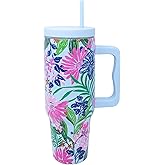 Lilly Pulitzer 40 Oz Insulated Tumbler with Lid, Straw & Handle, Stainless Steel Travel Water Bottel, Double Wall Metal Cup (Endless Summer)