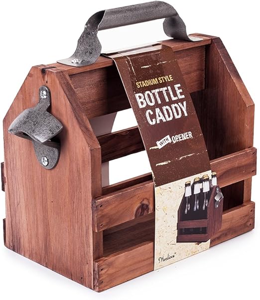 Mealivos Wooden Bottle Caddy, 6Pack Beer Carrier with Builtin Metal