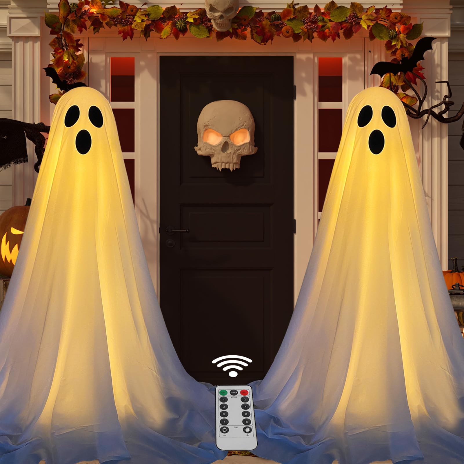 Photo 1 of DAZONGE 2 Packs Halloween Decorations Outdoor, Spooky Halloween Ghost Decor with Remote String Lights Battery Operated, Easy to Assemble Ghost Decorations for Front Porch Yard