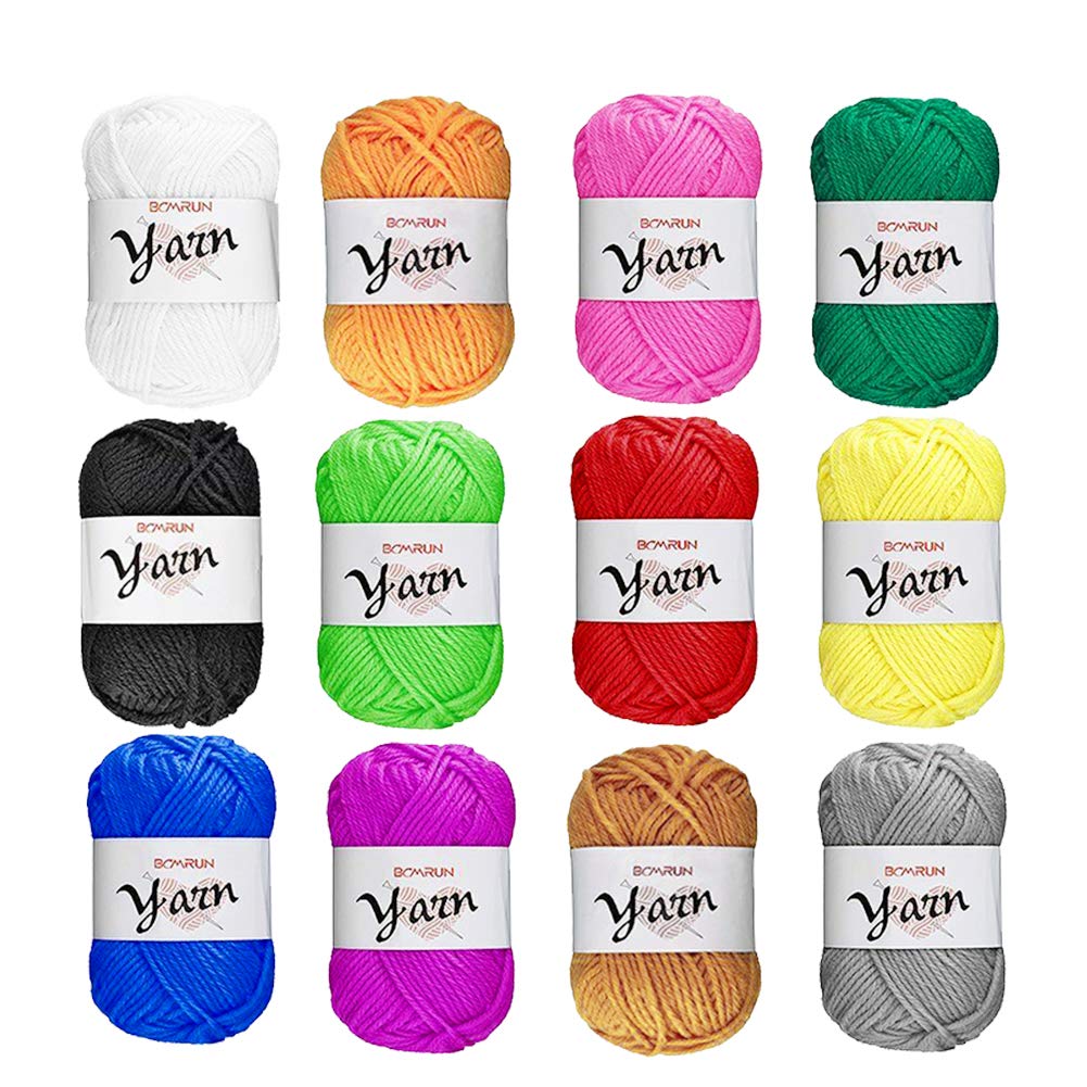 BCMRUN Yarn Set 12 x 25g (52.5Yard) Skeins/Bonbons DK Knitting/Crochet Yarn Assorted Colors 100% Acrylic Thick Soft Yarn Skeins for Crochet & Knitting Multi Pack Variety Colored Assortment (12 Colors)