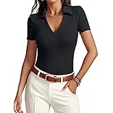 Meetrendi Womens Short Sleeve Business Casual Tops Summer V Neck Polo Work Shirts 2025 Fitted Basic Collared Shirt