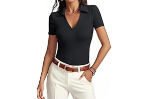 Meetrendi Womens Short Sleeve Business Casual Tops Summer V Neck Polo Work Shirts 2025 Fitted Basic Collared Shirt