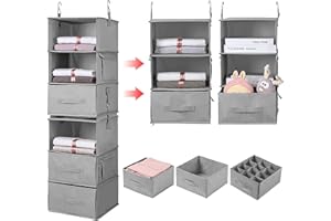 AARAINBOW Large Hanging Storage Shelves, Fabric Closet Hanging Shelf with Drawers, Foldable Hanging Closet Organizers and Storage for Clothes（Gray）