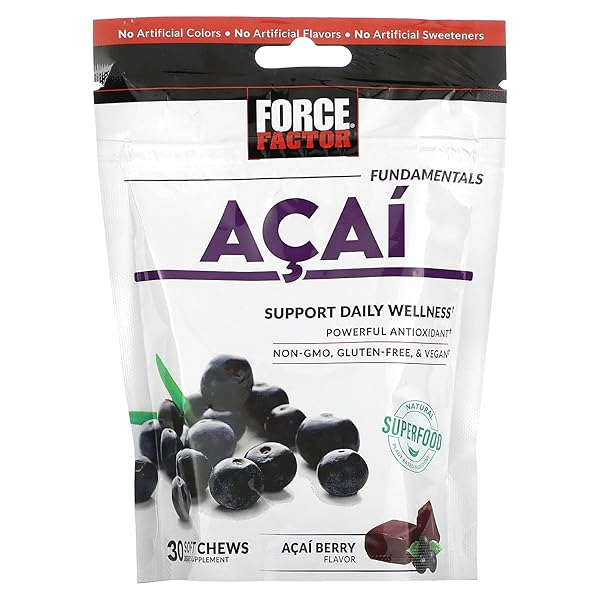 FORCE FACTOR ACAI SOFT CHEWS FOR IMMUNE SUPPORT, OXIDATIVE STRESS DEFENSE, AND DAILY WELLNESS, SUPERFOOD AND ANTIOXIDANTS SUPPLEMENT, NON-GMO, GLUTEN-FREE, AND VEGAN, ACAI BERRY FLAVOR, 30 SOFT CHEWS