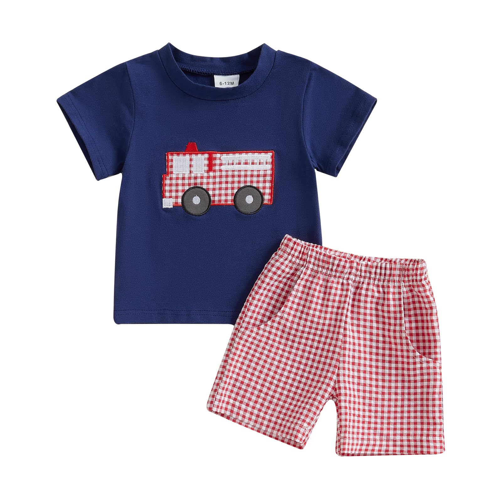 Photo 1 of Chloefairy Toddler Baby Boy Firetruck Outfit Fire Truck T Shirt Top Red Gingham Shorts Set 2Pcs Birthday Summer Clothes (Blue, 2-3T)