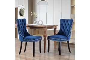 SoarFlash Velvet Dining Chairs Set of 2, Tall Back Side Chair, Modern Upholstered High-end Tufted Side Chair with Button Back Ring, Solid Wood Legs (Blue)