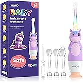 YUNCHI Toddler Electric Toothbrush Kids 0-3-6 Years, Baby Electric Toothbrush with Colorful LED Light, Battery Powered Toddler Toothbrush with 2 Minutes Timer 4 Brush Heads, Infant Toothbrush (Purple)