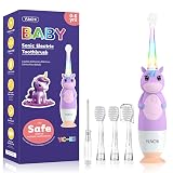 YUNCHI Toddler Electric Toothbrush Kids 0-3-6 Years, Baby Electric Toothbrush with Colorful LED Light, Battery Powered Toddler Toothbrush with 2 Minutes Timer 4 Brush Heads, Infant Toothbrush (Purple)