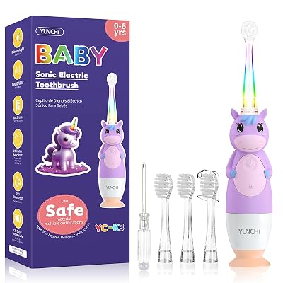 YUNCHI Toddler Electric Toothbrush Kids 0-3-6 Years, Baby Electric Toothbrush with Colorful LED Light, Battery Powered Toddler Toothbrush with 2 Minutes Timer 4 Brush Heads, Infant Toothbrush (Purple)