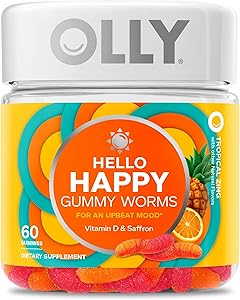 OLLY Hello Happy Gummy Worms, Mood Balance Support, Vitamin D, Saffron, Adult Chewable Supplement, Tropical Zing - 60 Count