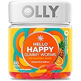 OLLY Hello Happy Gummy Worms, Mood Balance Support, Vitamin D, Saffron, Adult Chewable Supplement, Tropical Zing - 60 Count