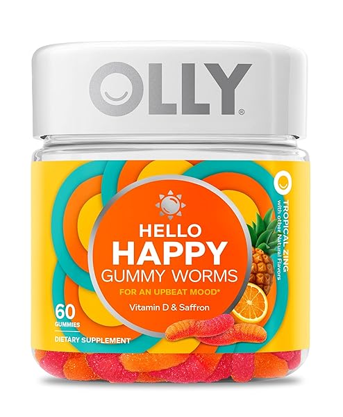 OLLY HELLO HAPPY GUMMY WORMS, MOOD BALANCE SUPPORT, VITAMIN D, SAFFRON, ADULT CHEWABLE SUPPLEMENT, TROPICAL ZING – 60 COUNT