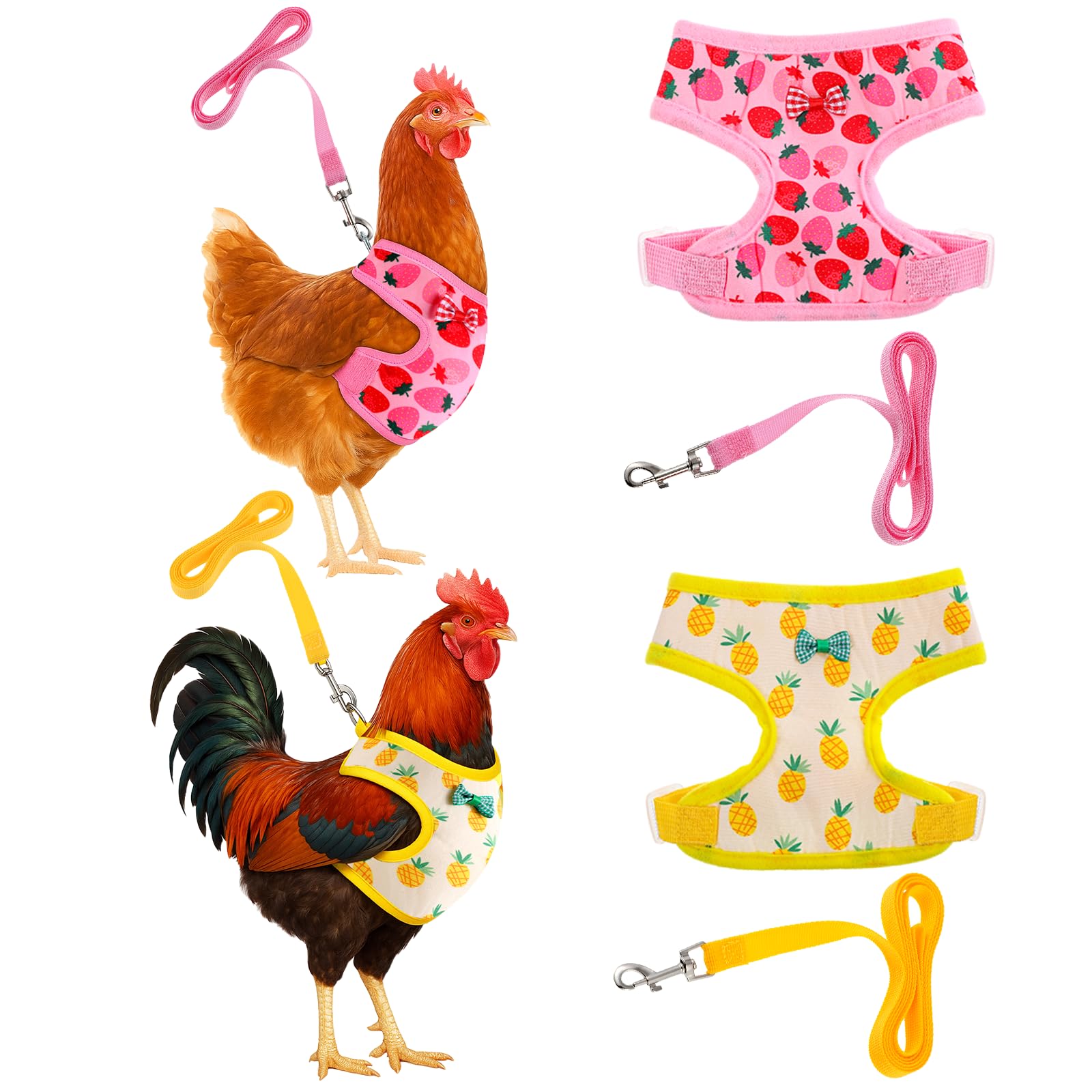 Photo 1 of 2 Pcs Adjustable Chicken Harness and Leash Set, Comfortable Chicken Vest Elastic Hen Vest with Strawberry Pineapple Print for Small Pets Duck Goose Hen Training Walking Supplies
