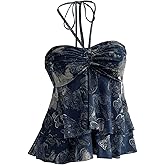 Milumia Women Boho Paisley Tie Backless Halter Top Ruffle Layered Sheer Ruched Tube Tops